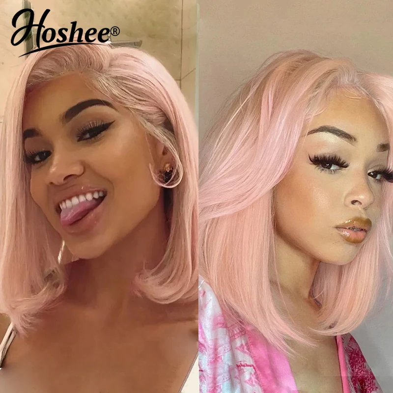 

Rose Pink Colored Short Bob Pixie Cut Human Hair Brazilian Straight HD Lace Front Wigs Transparent Pre Plucked Glueless Wig