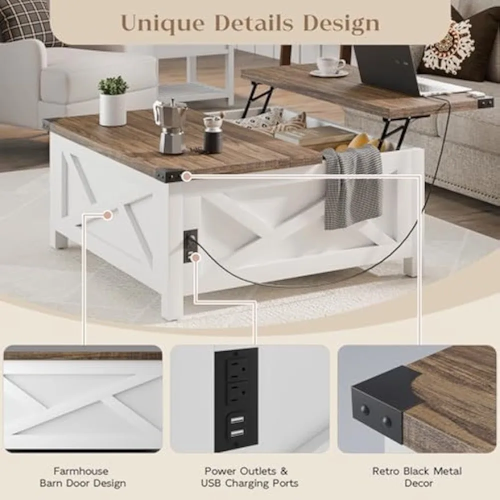 Lift Top Coffee Table, Square Coffee Table with Hidden Storage, Farmhouse Wood Table with Charging Station and Barn Door for Li 4