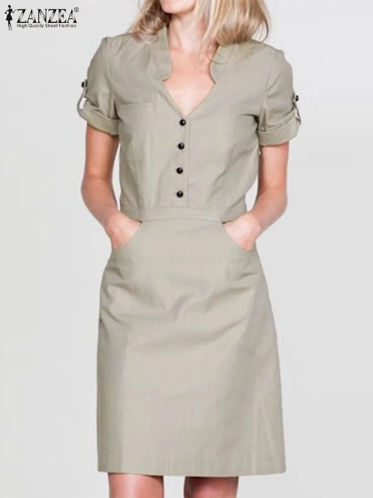 

2024 ZANZEA Fashion Summer Sundress Women Casual Elegant Solid Work OL Knee-length Vestido Robe V Neck Short Sleeve Cargo Dress