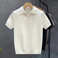 Summer Fashion Solid Color Breathable Knitted POLO Shirt Vintage Short Sleeve Men's Casual Turn-down Collar Top Trendy