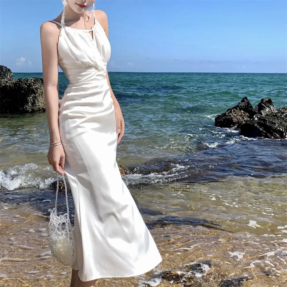 Elegant Bodycon Satin Dresses for Women Halter Sleeveless Slim Mermaid Evening Party Dress Prom Robe Summer New Vestidos Mujer