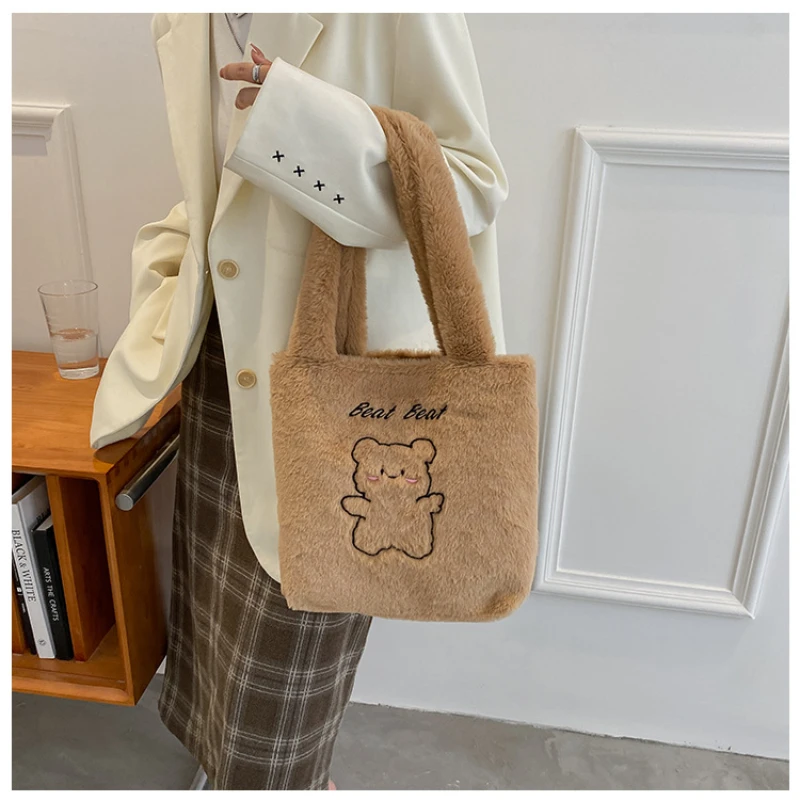 

Women Plush Shoulder Bag Warm Cloth Fabric Handbag Soft Canvas Tote Large Capacity Shopper Bags Cute Bear Book Bags For Girls