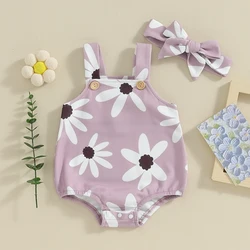 0-12months Baby Girl Summer Bodysuit Sleeveless Floral Print Overalls With Headband Set Infant Girls Rompers