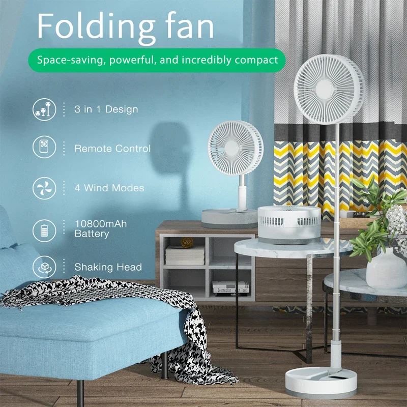 12 Inch Foldable Oscillating Standing Fan With Remote Control, 4 Speed Adjustable Portable Desk Quiet Fan 7200mah Rechargeable Usb Small Fan Folded Rotating Floor Fan For Bedroom Office Travel - View #12