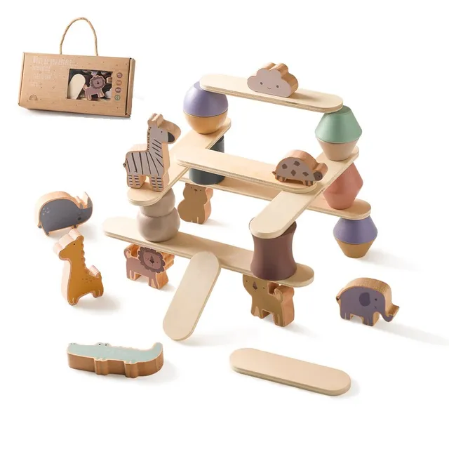 Children Montessori Toy Wooden Animal Balance Blocks Board Game Wood Animal Educational Stacking Building High Block Constructor 1
