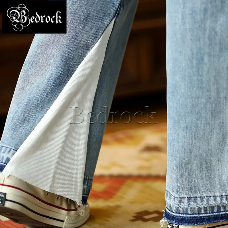 MBBCAR bell-bottoms for men blue 14oz one wash selvedge denim jeans wear out split joint personality special flare pants 7494