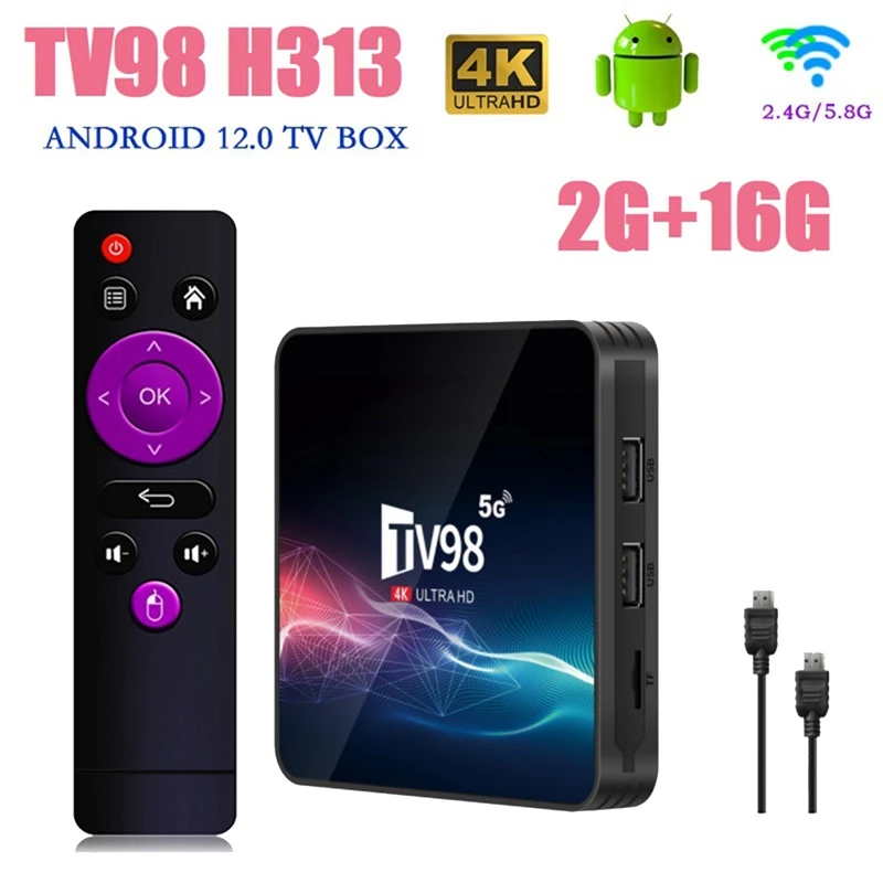 

TV98 TV Box 2G+16G 2.4G &5G Wifi Allwinner H313 4Kx2k Android 12 Set-Top Box TV98 Media Player Durable Easy To Use US Plug