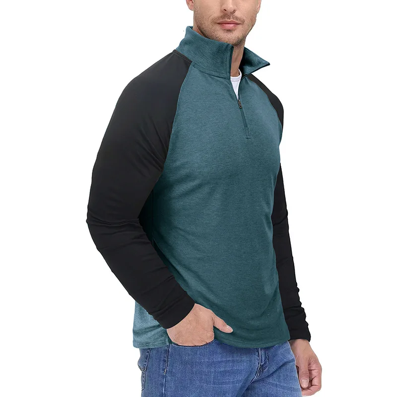 Herren-Sport-Sweatshirt mit Stehkragen für Herbst und Winter, atmungsaktiv, warm, farbblockierter Pullover, halber Reißverschluss in mehreren Farben – Detail 9