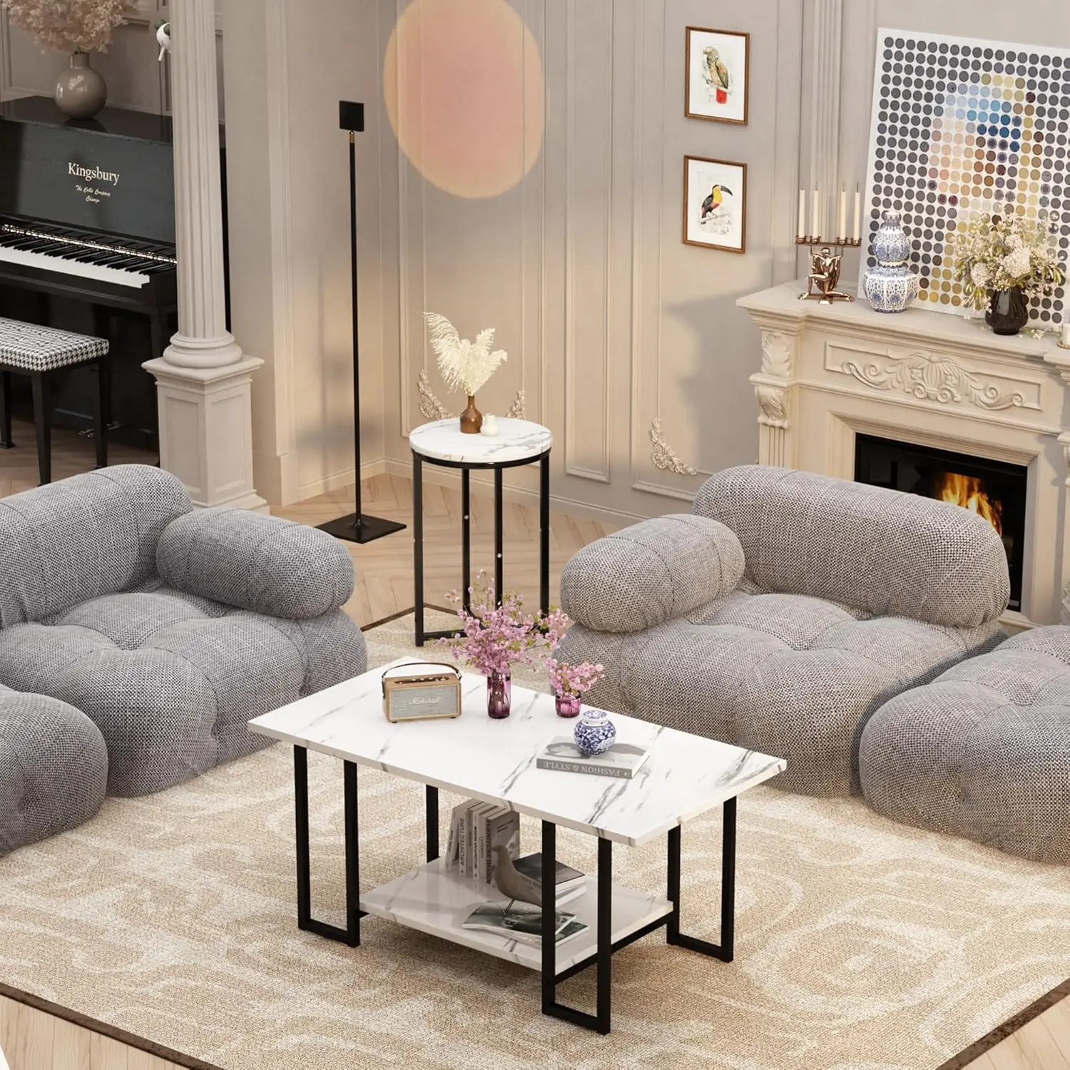 3 Pieces Living Room Table Set, Faux Marble Coffee Table with 2 Round End Side Tables, Coffee Table Set with Metal Frame 4