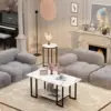3 Pieces Living Room Table Set, Faux Marble Coffee Table with 2 Round End Side Tables, Coffee Table Set with Metal Frame 4