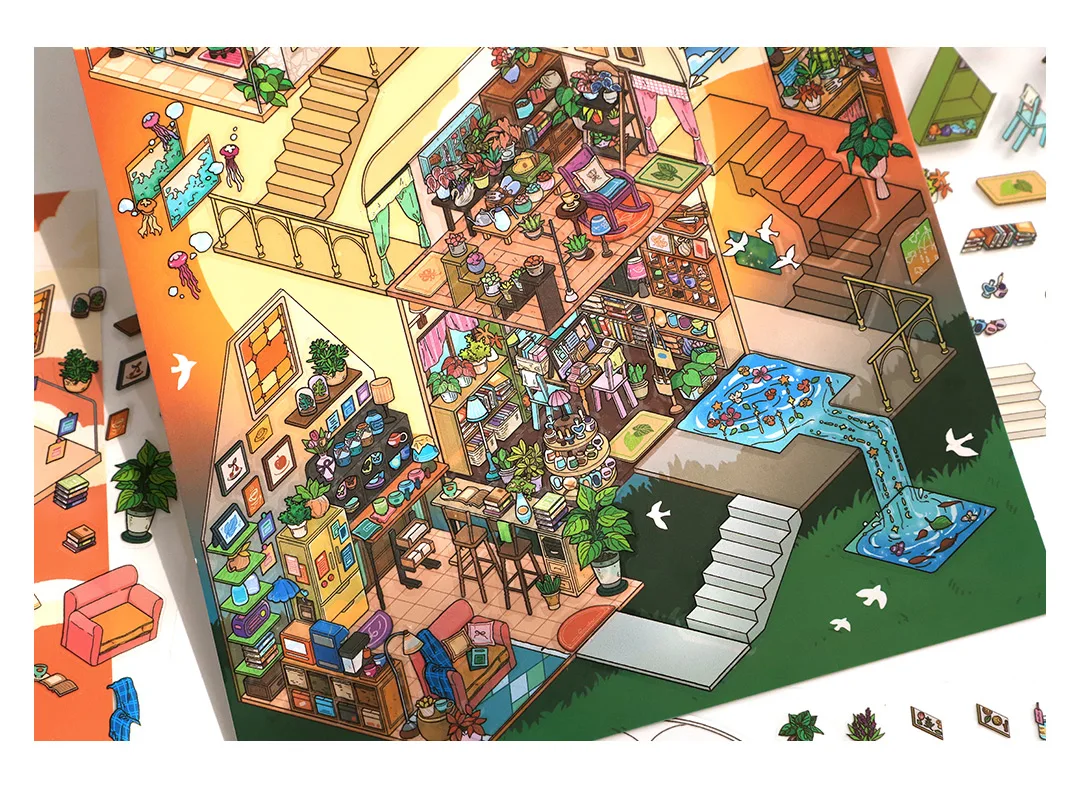 Schöne Landschaft, kleines Haus, Szene, DIY-Aufkleber, sehr spielbarer Aufkleber, Stapeln, Einfügen, Festival, Geburtstagsgeschenk für Kinder – Detail 18
