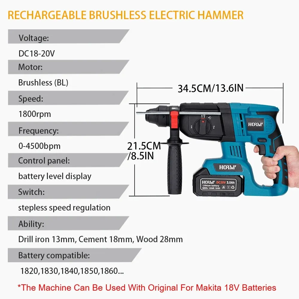 Hormy Brushless Electric Hammer 20V Impact Drill Cordless Drill Multifunction Rotary Rechargeable Power Tools For Makita Battery 3