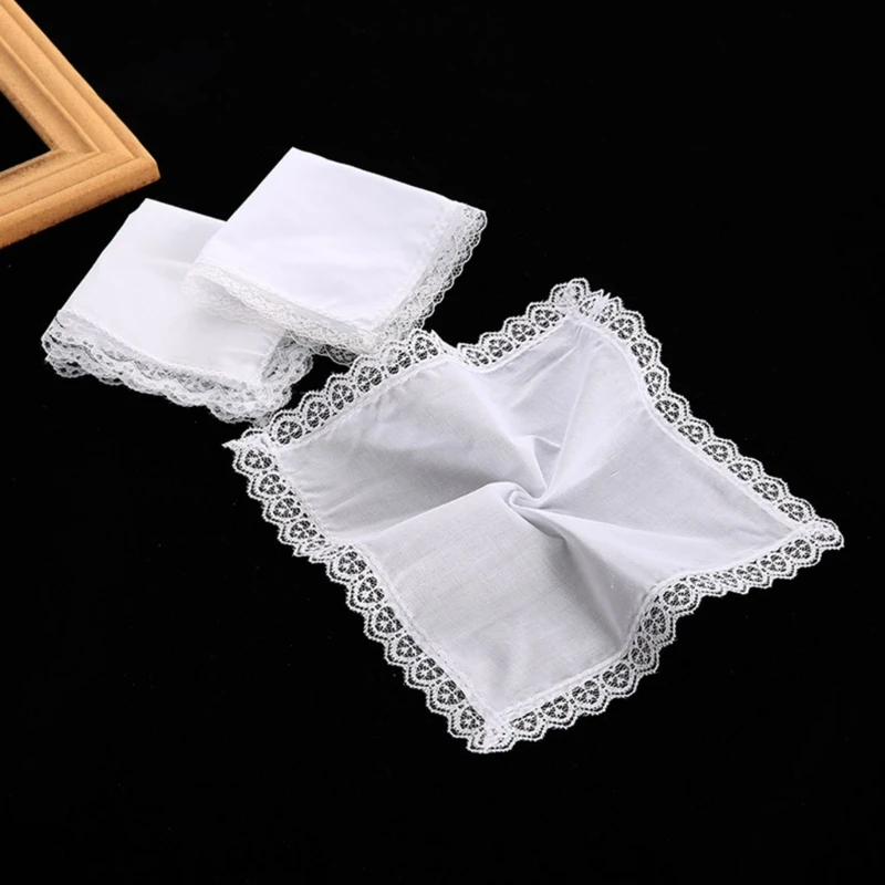 

Women Plain Portable Lace Trim Handkerchief Washable DIY Napkin Pocket Hanky