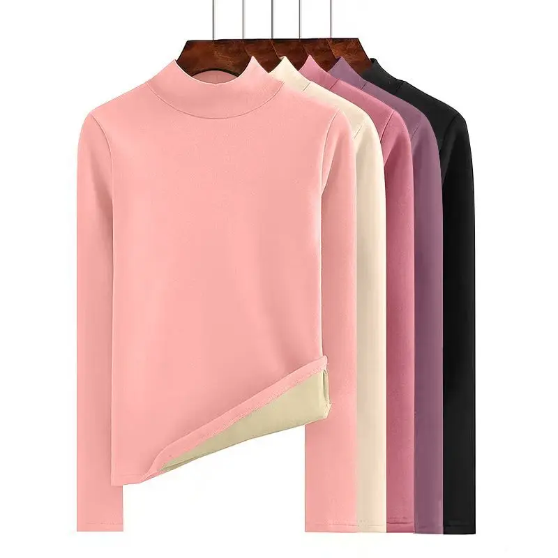 قميص قاعدة من صوف الضأن مع صوف سميك ساخن من ألياف الخريف بأكمام طويلة تي شيرت شتوي جديد للسيدات قطع علوية دافئة بقصة ضيقة