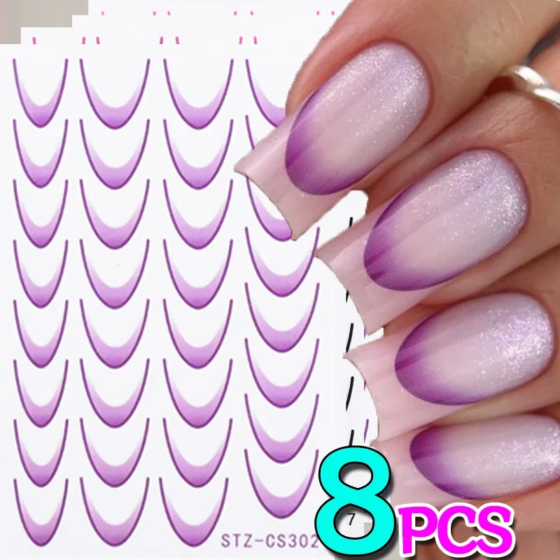 로즈 레드 그라디언트 프렌치 네일 스티커 세트 다채로운 스트라이프 라인 디자인 네일 팁 데칼 DIY 네일 아트 전송 슬라이더 장식