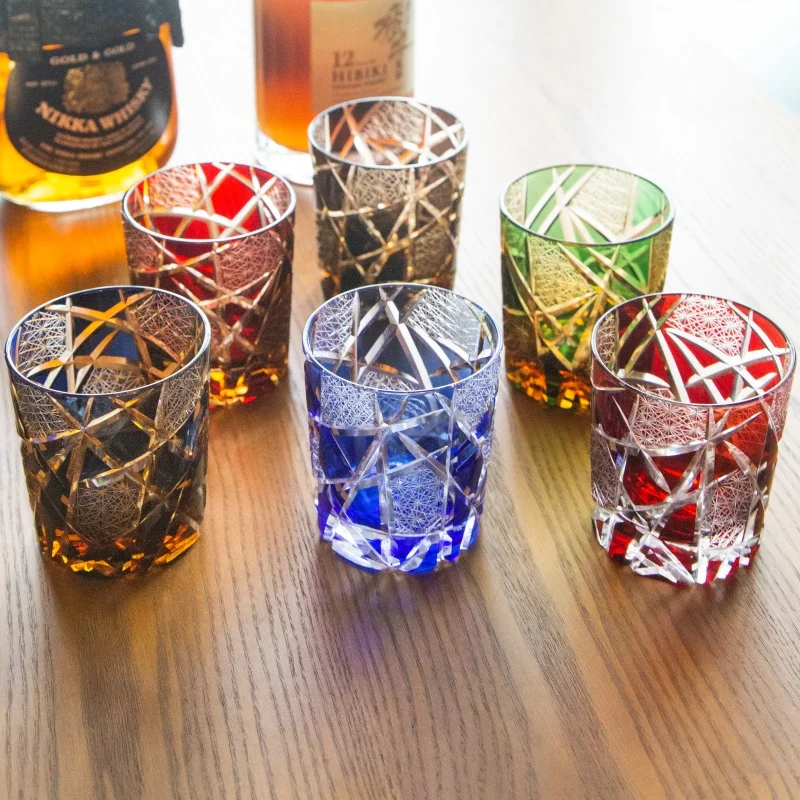 Handmade Japanese Style Edo Kiriko Whiskey Glass Tumbler Colored Hand Cut To Clear Glasses Color Tinted Old Fashioned Glasses