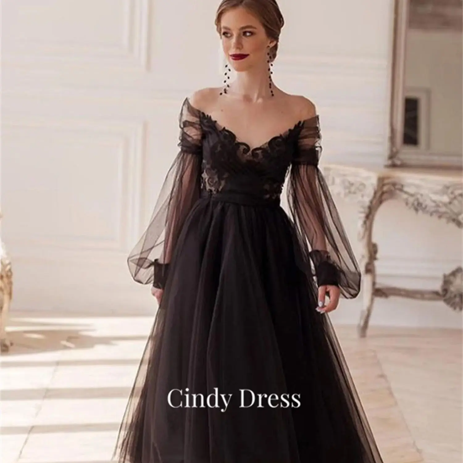 

Cindy Chiffon Lace A-line Black Prom Dress Formal Bride Dresses Evening Luxury 2023 Elegant Women Long Party Women's Dubai