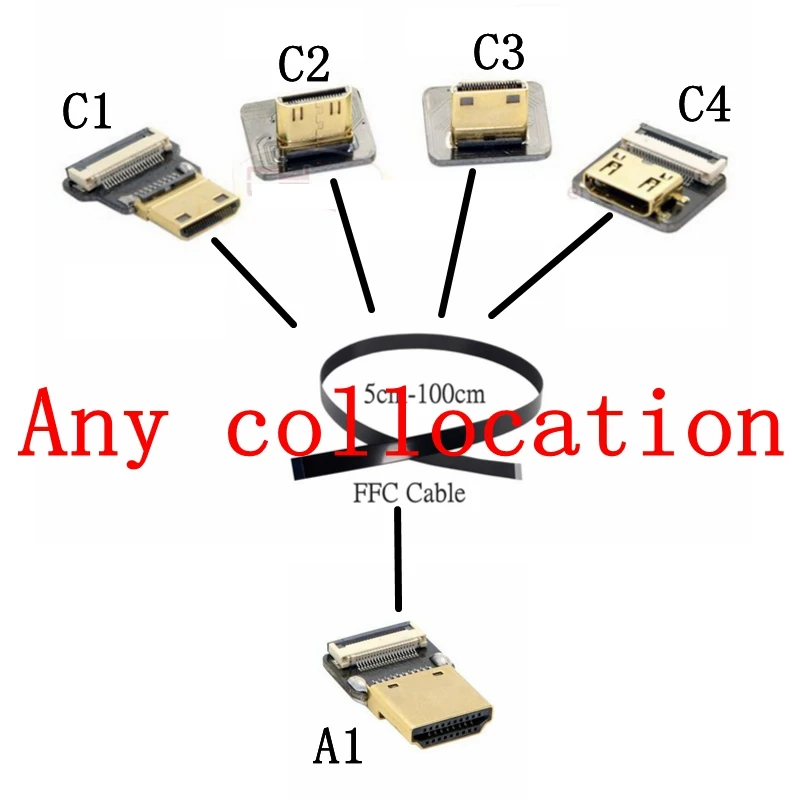 HDMI Cable Ribbon Flat FPV HDMI-Compatible Flexible Cable Raspberry Pi 4 Micro HD To HD/Mini-Compatible Female 90 Degree FFC 20p