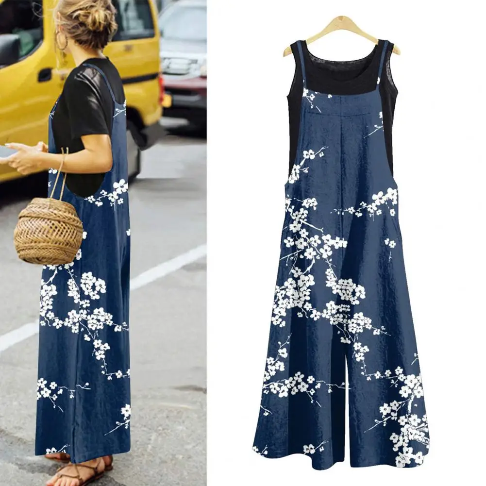 

Fashion Square Neck Sleeveless Sling Women Rompers Backless Spaghetti Straps Vivid Floral Print Wide Leg Beach Overalls Jumpsuit