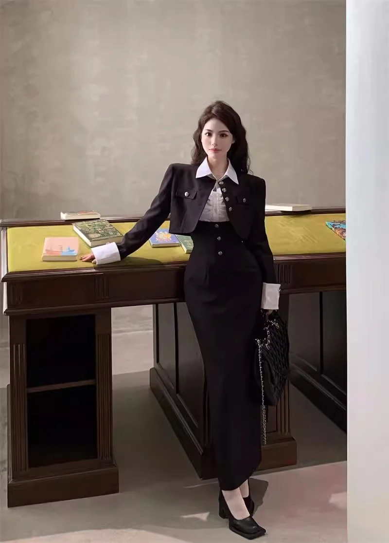 Y2K 3-piece Set Women Crop Coat Blazer White Shirt Halter Sleeveless Bodycon Midi Dress Autumn New Female Korean Chic Outfits