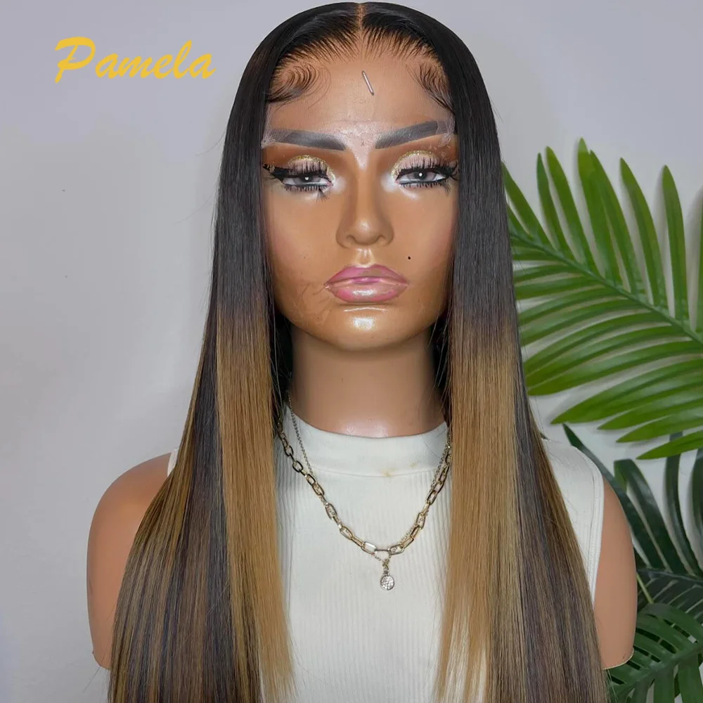 Double Drawn 250% Density Bone Straight 13x6 Transparent Front Lace 1B/27 Color Pre Plucked Wear And Go Brazilian Human Hair Wig