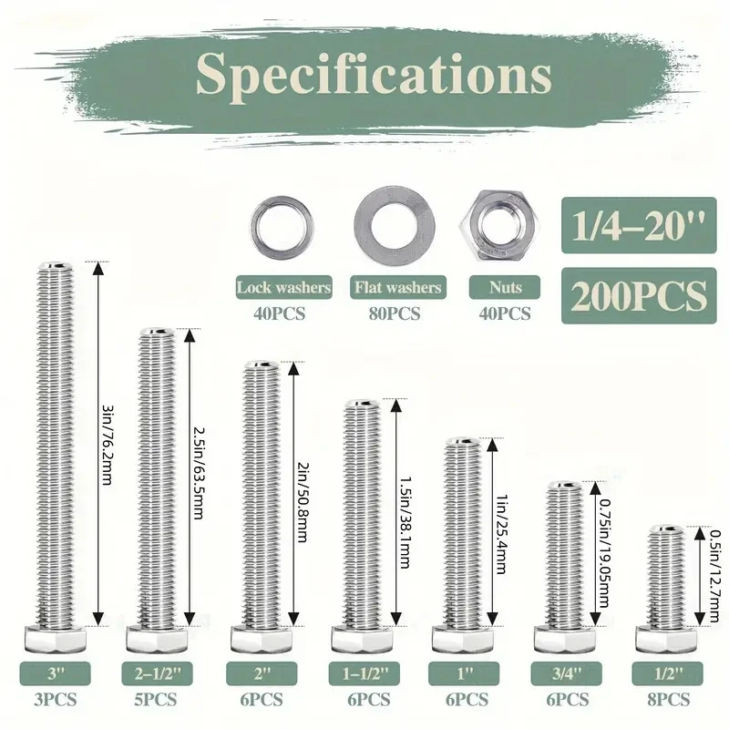 200 stainless steel nuts and bolts 1/4-20 X 1/2", 3/4", 1 ", 1-1/2", 2", 2-1/2", 3 ", stainless steel hexagon bolts and nuts,.
