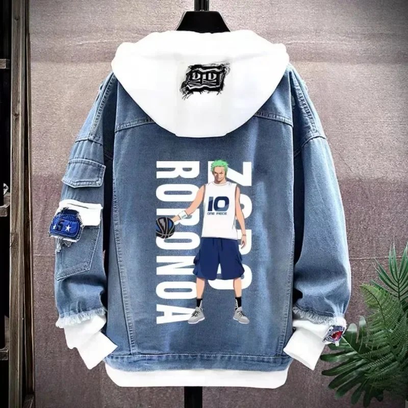 thumbnail image 1 of Chaqueta vaquera con capucha de primavera y otoño con diseño periférico de anime One Piece Luffy Chopper Zoro, chaqueta de pareja sencilla, atractiva y versátil, 1 of 2