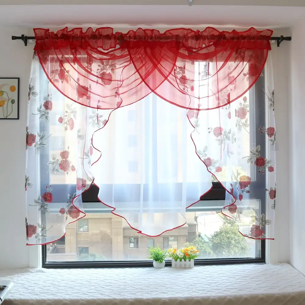 Double Arcuated Valance Curtain, Fashion Printing Style Voile Window Curtains Treatments for Living Room Balcony Kitchen
