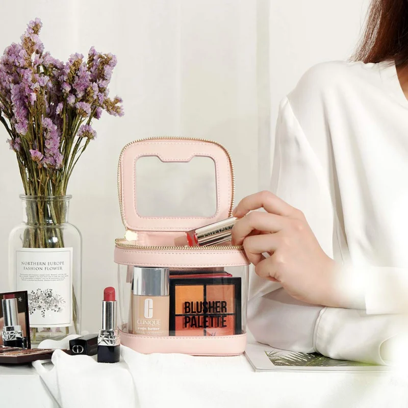 Rownyeon Portable Pink Clear PVC Square Travel Make up Pouch Cosmetic Bag