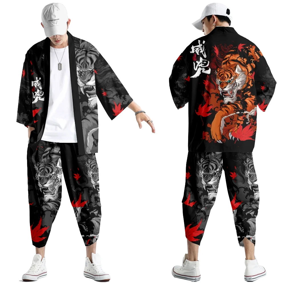 Two-piece Suit Loose Japanese Cardigan Women Men Cosplay Yukata Clothing Fashion Harajuku Samurai Kimono + Pants Sets