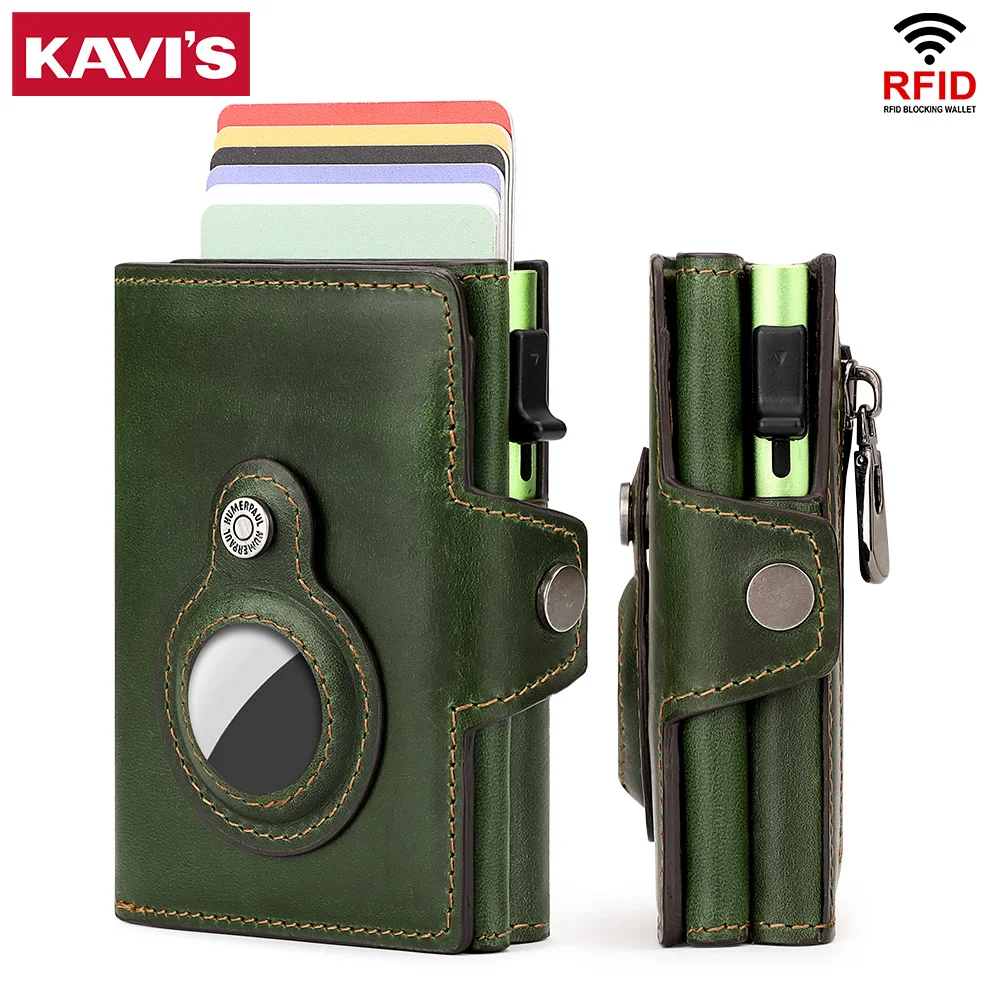 New RFID Blocking Card Holder Cowhide Leather Men Wallet Aluminum Antimagnetic Card Purse for Women with Anti-lost AirTag