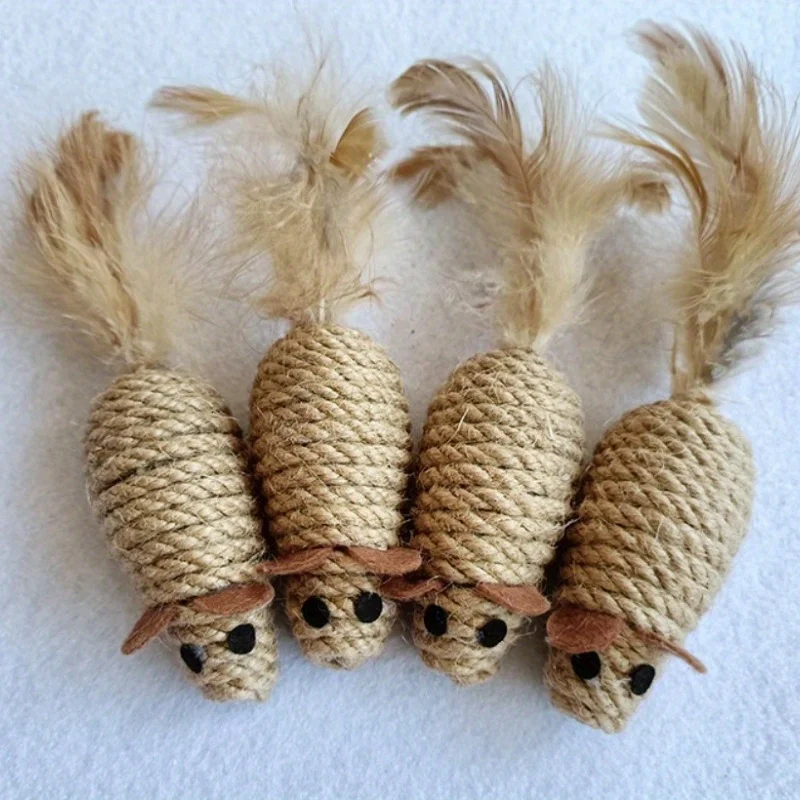 4pcs Sisal False Mouse Cat Toy Bite Resistance Stuffed Toy Interactive Cat Toy Simulation Mice Kitten Self-Playing Plush Toys