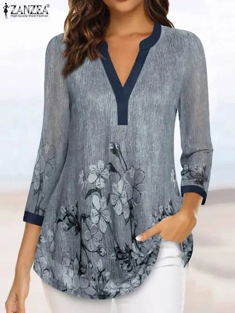 

ZANZEA 2023 Autumn Blouse Women Holiday 3/4 Sleeve Tops Casual Loose V-Neck Floral Print Shirt Fashion Elegant Colorblock Tunic