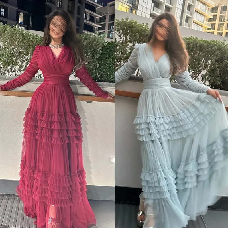 Aleeshuo Saudi Arabia A-Line Tulle Prom Dresses Sexy V Neck Long Sleeves Evening Pleat Party Dresses Floor-Length Prom Gown 2024