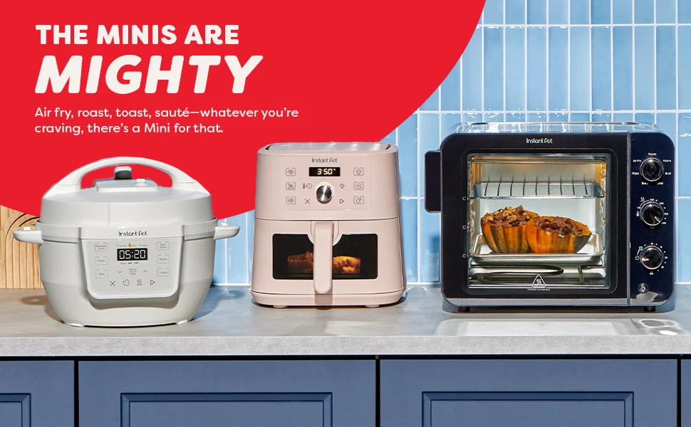 Instant Hit mini line featuring the sea salt multi-cooker, rosewater air fryer, and toaster  oven