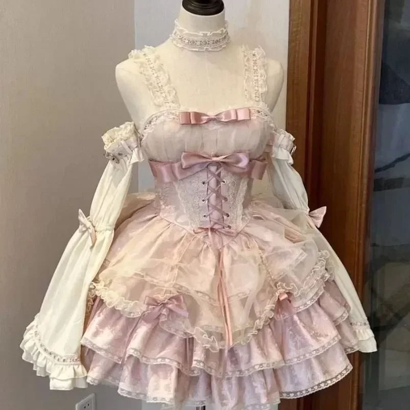 Harajuku Japanese Sweet Cute Lolita Jsk Dress Women Gothic Y2k Bow Lace Ruffles Evening Party Mini Dresses Kawaii Black Vestidos