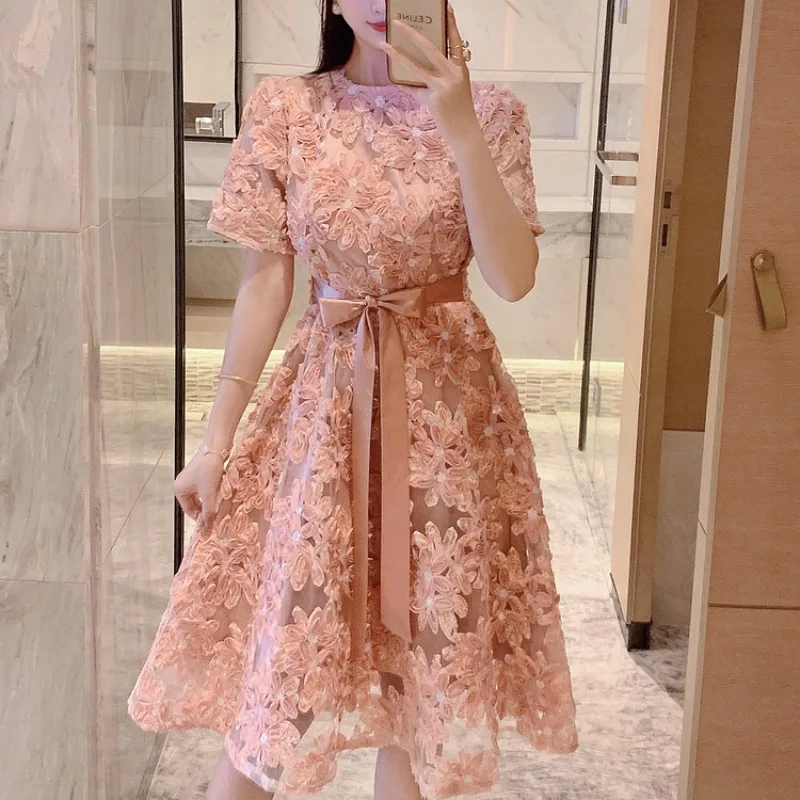 

Floral Embroidery Pink Mesh Women Dress Bodycon Summer O-neck Runway Design Women's Clothing Elegant Party Dresses