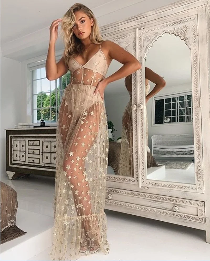 

2023 New Women Sexy See Through Spaghetti Strap Lace Long Dress Apricot Beach Sweet Young Chiffon Sweet Holiday Thin Maxi Dress