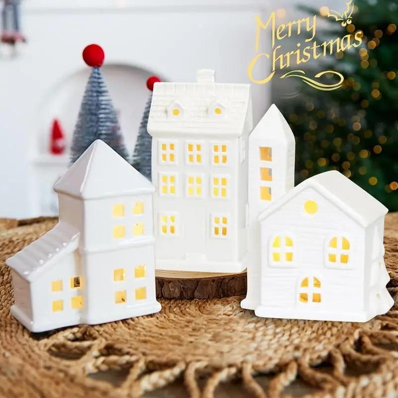 

Porcelain Christmas Village Houses LED Lighted Winter White Houses Decor, Miniature Christmas Decorations for Tabletop Mantle