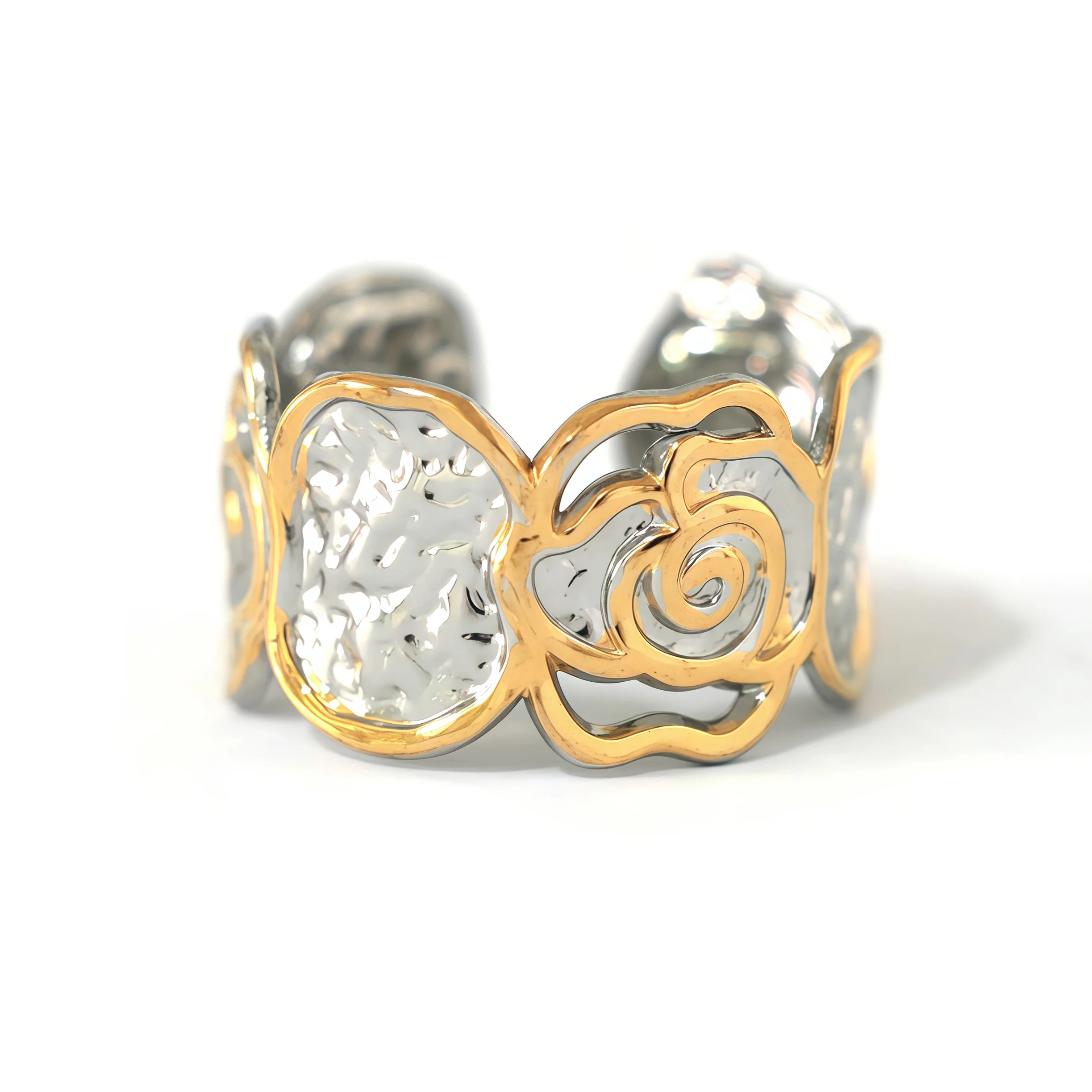 Damen-Ring mit unregelmäßigem Blumen-Hammermuster, offener Ring, 18 Karat vergoldeter Edelstahl, zweifarbig, trendiger, wasserfester Schmuck – Detail 6