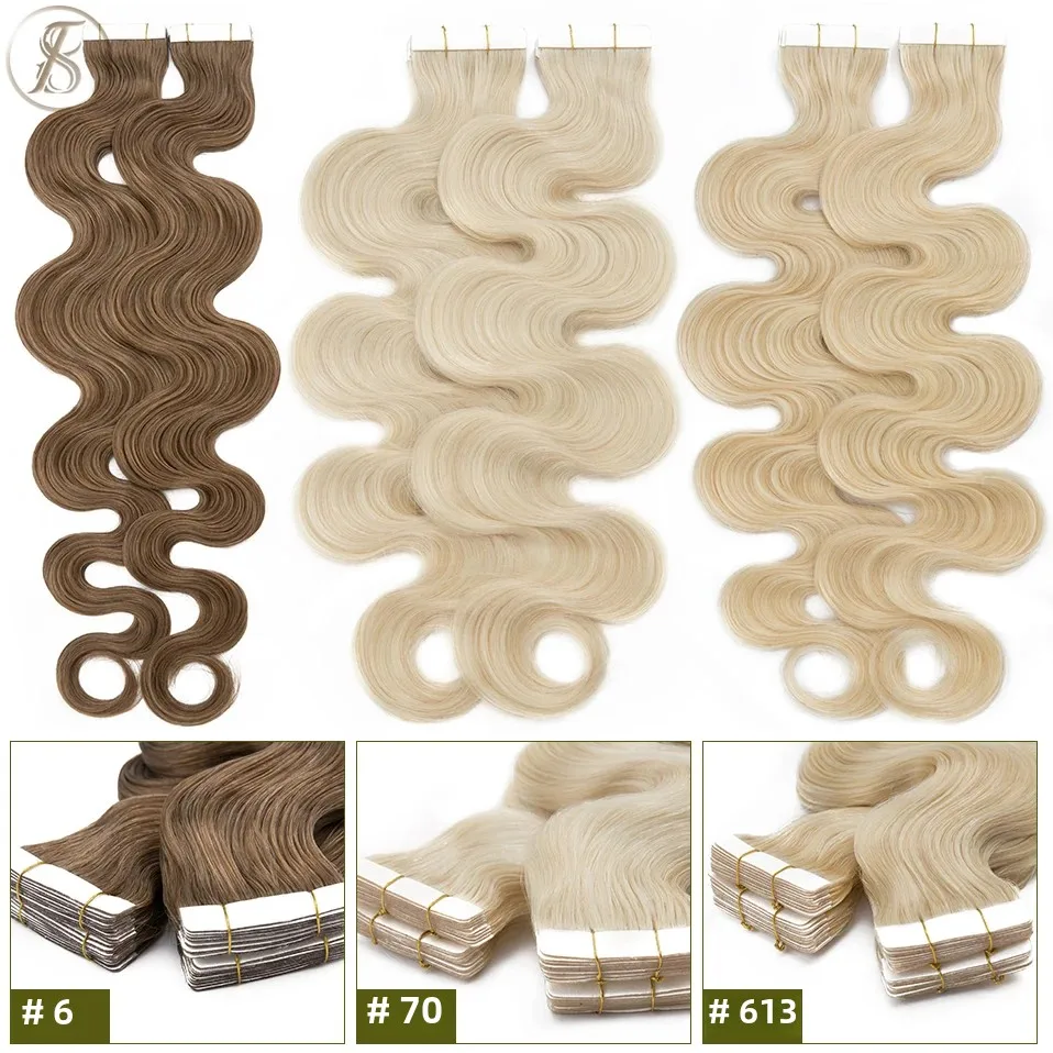 TESS 20pcs Wavy Tape In Human Hair Extensions 2.5g/pc Natural Hair Extension Double Sides Seamless Invisible Adhesive Skin Weft