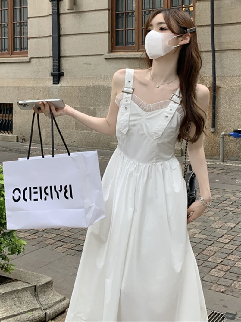

White Summer Slim Waist Suspender Dress Elegant Temperament A-line French Sleeveless Solid Color Lace Patchwork Vestidos Mujer
