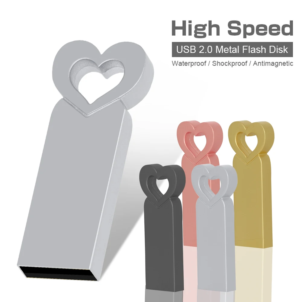Buy Metal Pendrive USB stick4g 8g 16G 32G 64G 128G drives high-speed waterproof Pen drive flash drives cle usb love heart cute usb flash drive flash drive