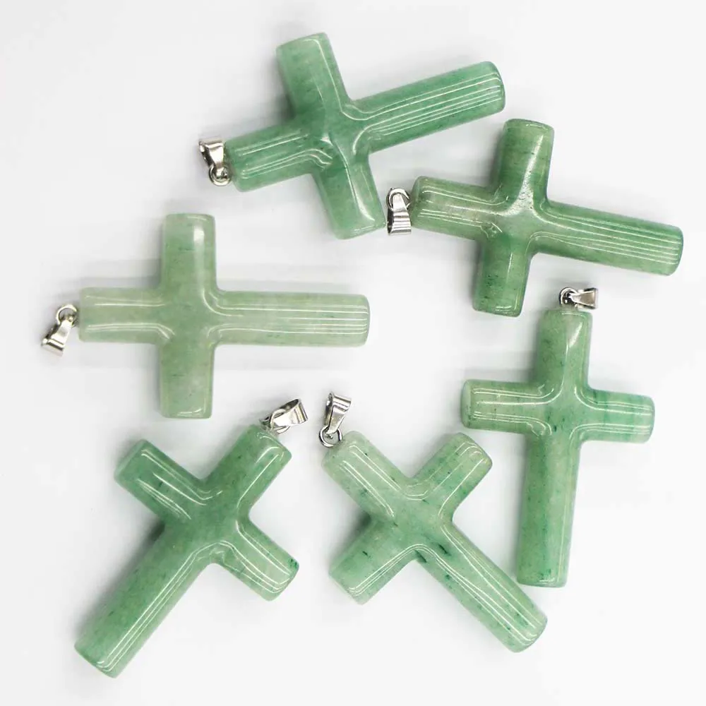 Natural Semi-precious Stone Pendant Cylindrical Cross Necklace Religious Belief Jewelry Accessories 6Pcs Wholesale Free Shipping