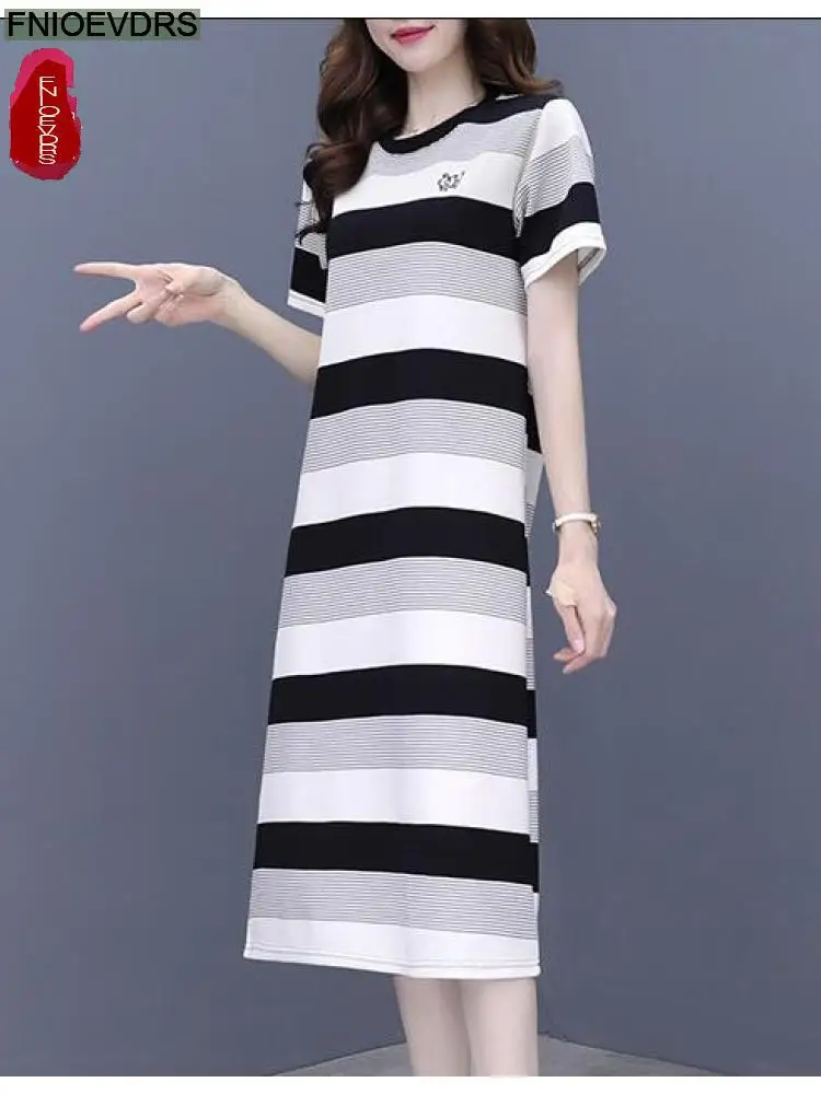 

2020 Summer Dress Women Black Loose Maxi Woman Cotton Casual Loose Lazy Stripe T Shirt Dress