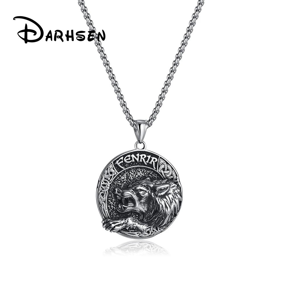 

DARHSEN Round Pendant with Fenrir Wolf Pattern Men's Statement Necklace Silver Color Stainless Steel Fashion Jewelry Gift
