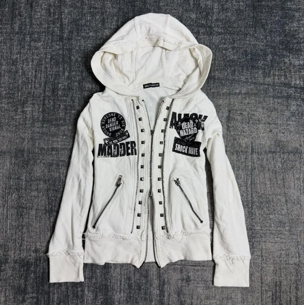 White Womens Autumn Winter Jacket Y2K Gothic Emo Slim Fit Sweatshirt Rivet Zipper Hoodie Harajuku Vintage Skull Graphic Print