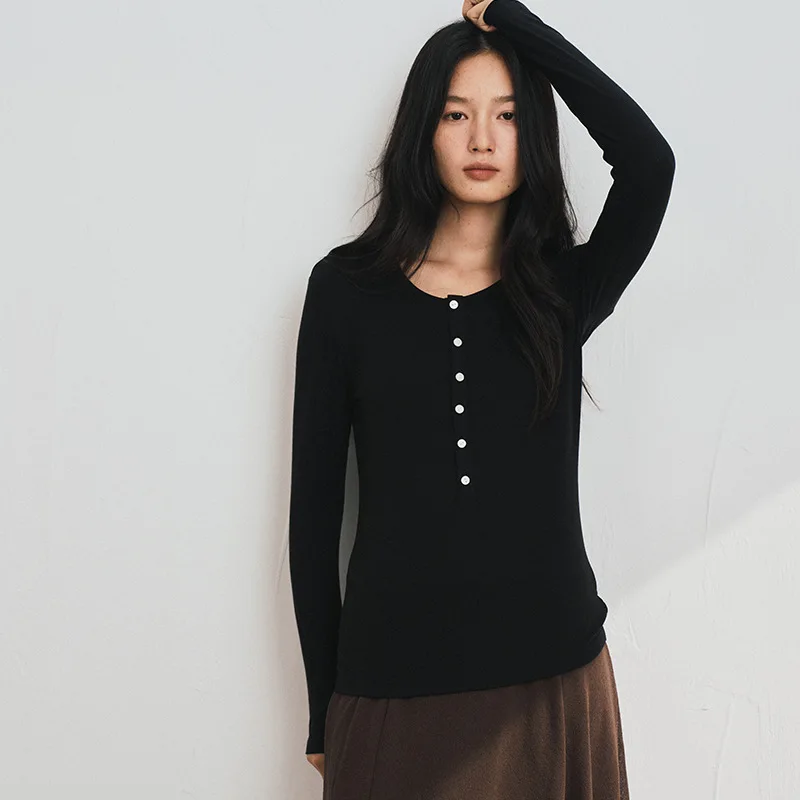 Silk Wool Basic Shirt Round Button Neck Slim Knitwear, Solid Color Striped...