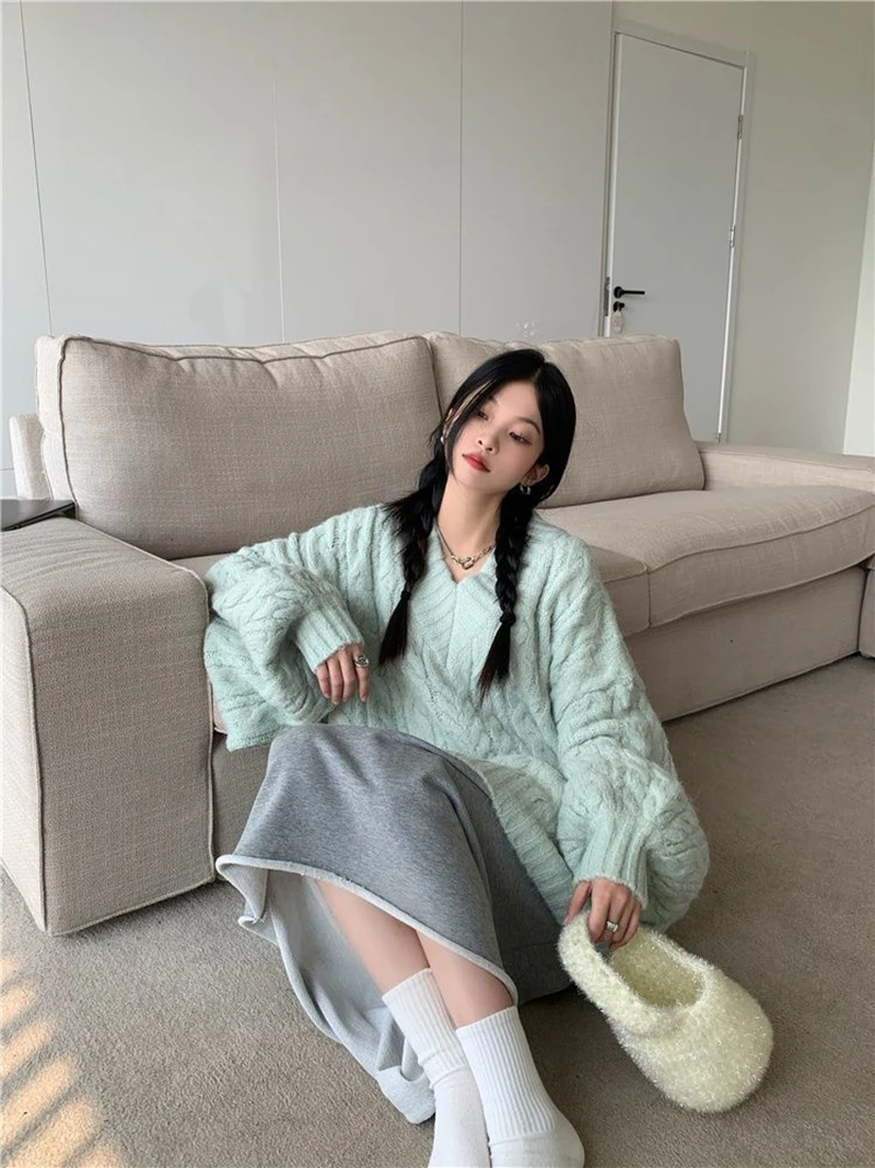 Oversized Sweater Women Fashion Preppy Pink V Neck Knitted Pullovers Harajuku Korean Long Sleeve Knitwear Winter Jumpers