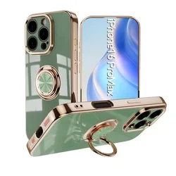 Luxury Plating Magnetic Finger Ring Case with Metal Holder Stand and Shockproof Cover - iPhone 13 Pro Max (Green)